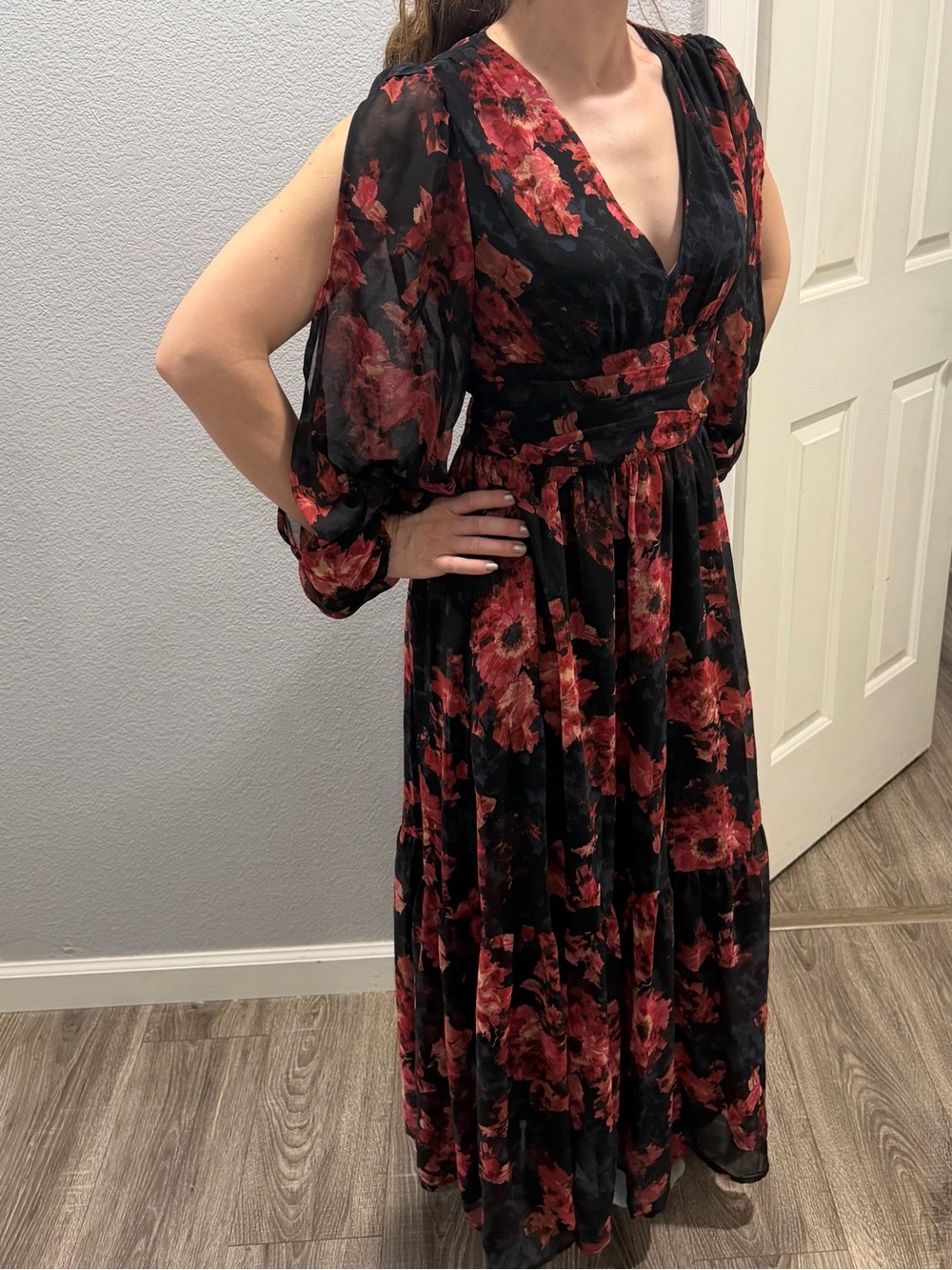 Women's Black Floral Cold Shoulder Maxi Dress with Red Blossoms